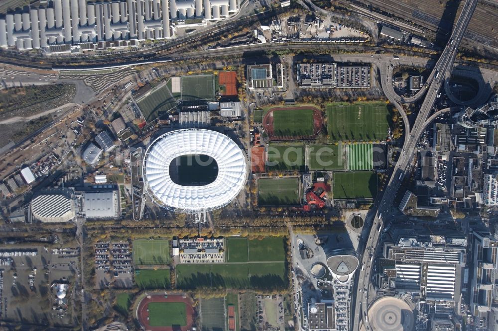 Vertical aerial photograph Stuttgart - Vertical aerial view from the satellite perspective of the Sports facility grounds of the Arena stadium Mercedes-Benz Arena in Stuttgart in the state Baden-Wurttemberg, Germany