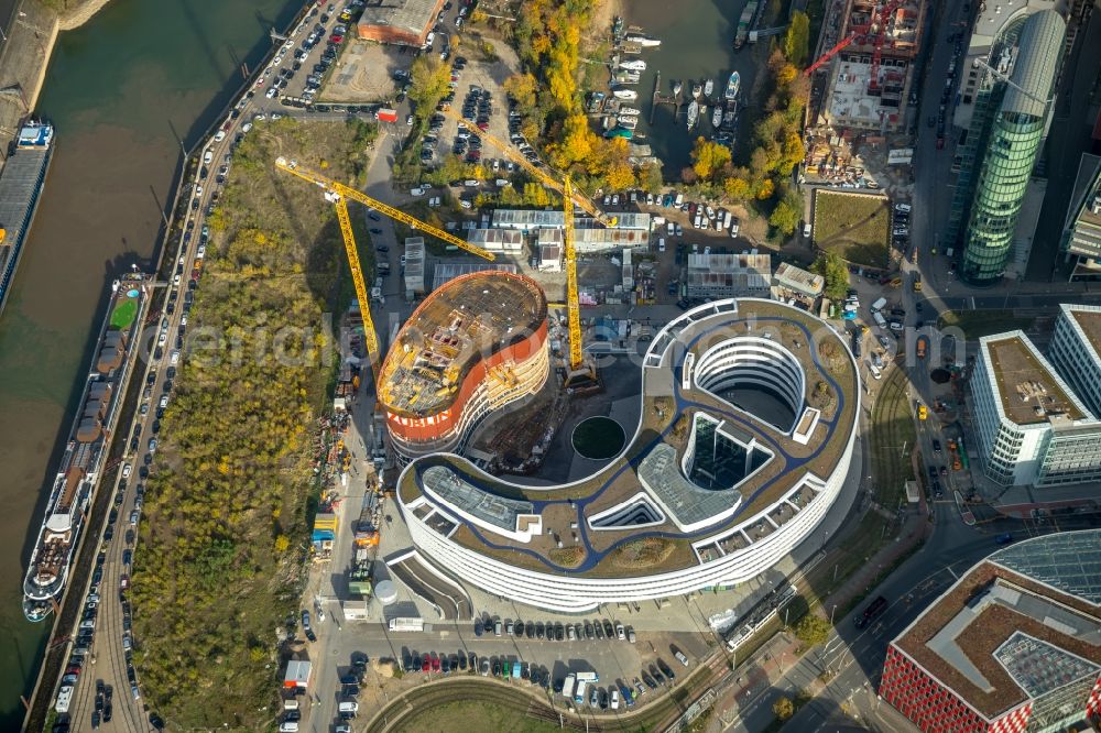 Vertical aerial photograph Düsseldorf - Vertical aerial view from the satellite perspective of the construction site for the new building trivago-Zentrale on Kesselstrasse in the district Medienhafen in Duesseldorf at Ruhrgebiet in the state North Rhine-Westphalia