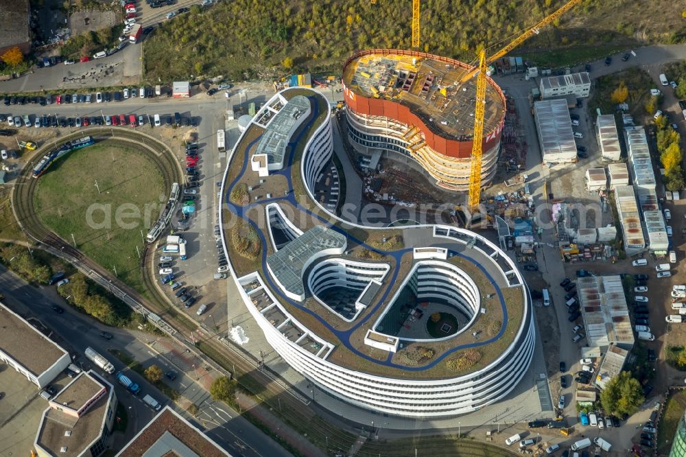 Vertical aerial photograph Düsseldorf - Vertical aerial view from the satellite perspective of the construction site for the new building trivago-Zentrale on Kesselstrasse in the district Medienhafen in Duesseldorf at Ruhrgebiet in the state North Rhine-Westphalia