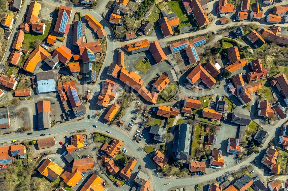 Vertical aerial photograph Adorf - Vertical aerial view from the satellite perspective of the Town View of the streets and houses of the residential areas in Adorf in the state Hesse, Germany