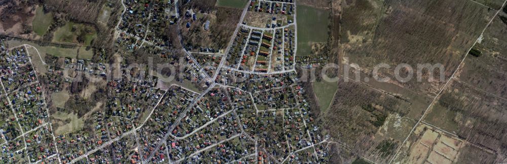 Vertical aerial photograph Bernau - Vertcal aerial photo of the city limit of Bernau with its local district Schönow. The Berliner Avenue merges into the Schönower street when the Panke Valley community is reached at Zepernicker Hof