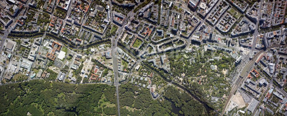 Vertical aerial photograph Berlin - Senkrechtaufnahme - Senkrechtluftbild auf den Stadtteil Tiergarten mit dem Botschaftsviertel und Zoo, sowie dem Gebiet um den Bahnhof Zoo mit der Kaiser-Wilhelm-Gedächtnis-Kirche.