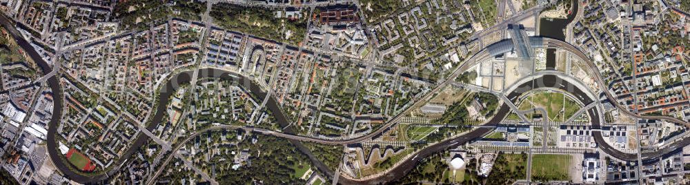 Vertical aerial photograph Berlin - Senkrechtaufnahme - Senkrechtluftbild vom Spreeverlauf im Berliner Stadtteil Moabit , Moabiter Werder; Freiberger Spreebogen (Innenministerium) bis hin zum Areal am Berliner Hauptbahnhof / Humboldthafen, Gelände derCharité am Berliner Regierungsviertel.