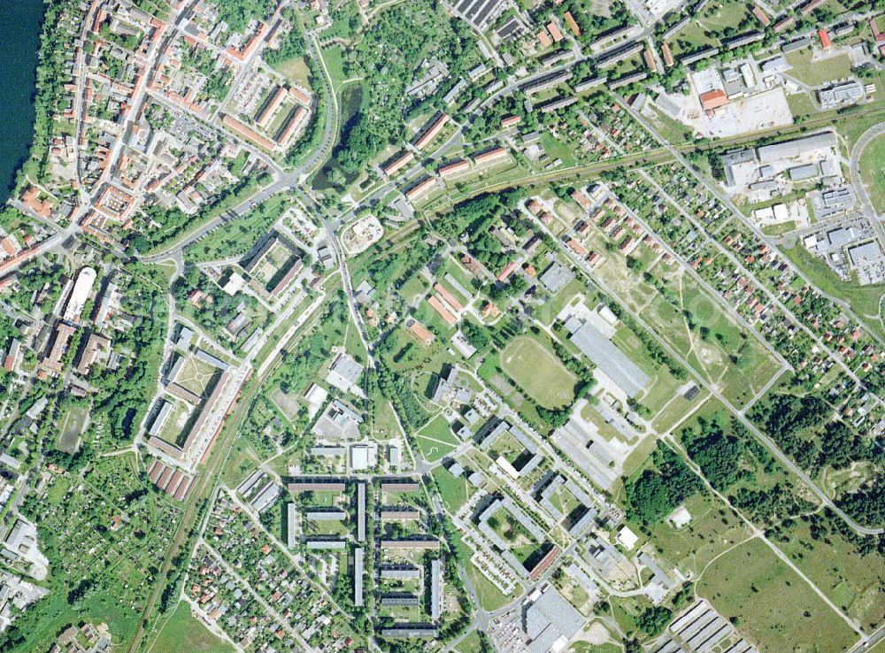 Vertical aerial photograph Strausberg - Vertical aerial view from the satellite perspective of the skyscrapers in the residential area of industrially manufactured settlement in Strausberg in the state Brandenburg, Germany