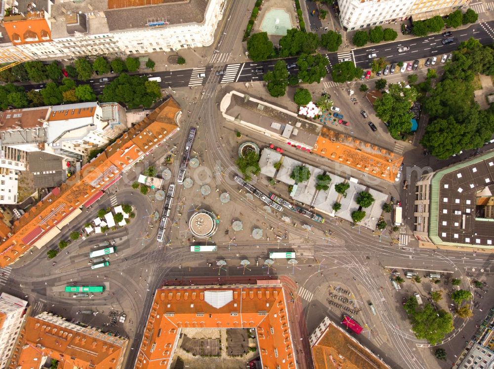 Vertical aerial photograph Graz - Vertical aerial view from the satellite perspective of the ensemble space an place Jakominiplatz in the inner city center in Graz in Steiermark, Austria