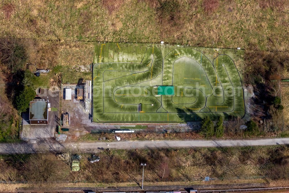 Vertical aerial photograph Bestwig - Vertical aerial view from the satellite perspective of the racetrack racecourse of the Rc Racer Hochsauerland e.V. on street Am Baehnchen in Bestwig at Sauerland in the state North Rhine-Westphalia, Germany