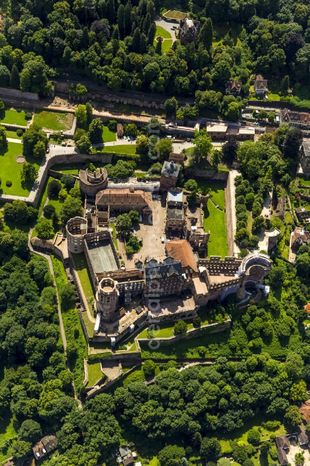 Vertical aerial photograph Heidelberg - Vertical view of Heidelberg Castle with garden situated on the Old Town in Heidelberg in Baden-Wuerttemberg