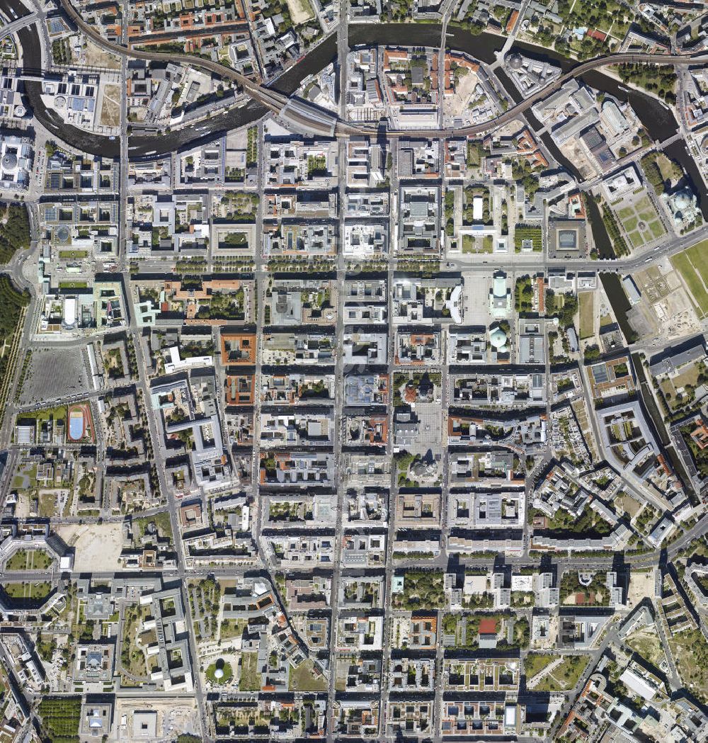 Vertical aerial photograph Berlin - Senkrechtluftbild von der Friedrichstraße und ihrer Umgebung mit dem Brandenburger Tor, Potsdamer Platz, Unter den Linden, Berliner Dom und der Museumsinsel in Berlin Mitte.