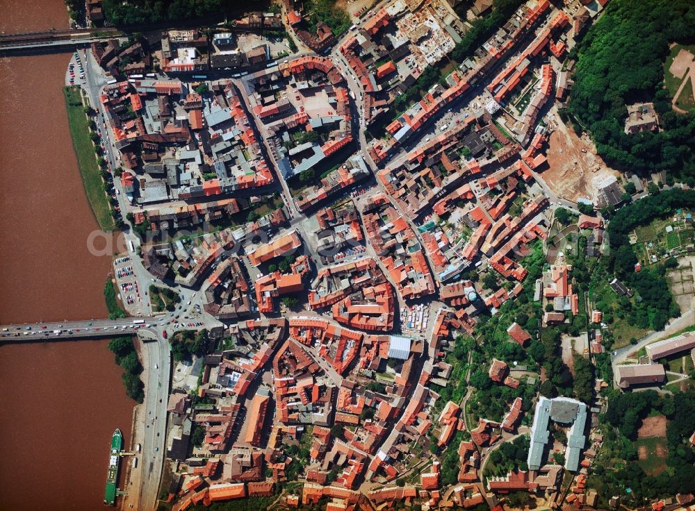 Vertical aerial photograph Meißen - Vertical admission of the city centre in the city centre area with the Albrecht's castle in Meissen in the federal state Saxony