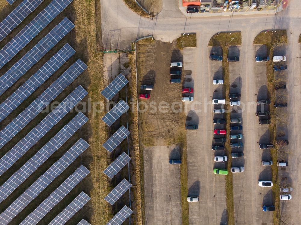 Vertical aerial photograph Britz - Vertical aerial view from the satellite perspective of the solar power plant and photovoltaic systems in Britz in the state Brandenburg, Germany