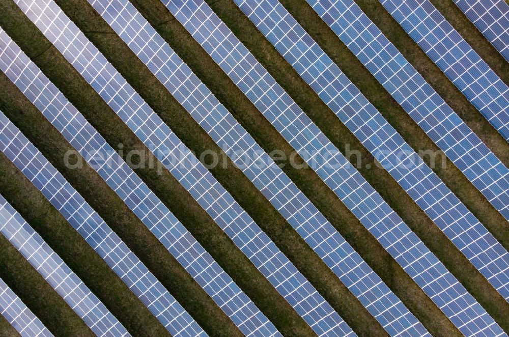 Vertical aerial photograph Britz - Vertical aerial view from the satellite perspective of the solar power plant and photovoltaic systems in Britz in the state Brandenburg, Germany