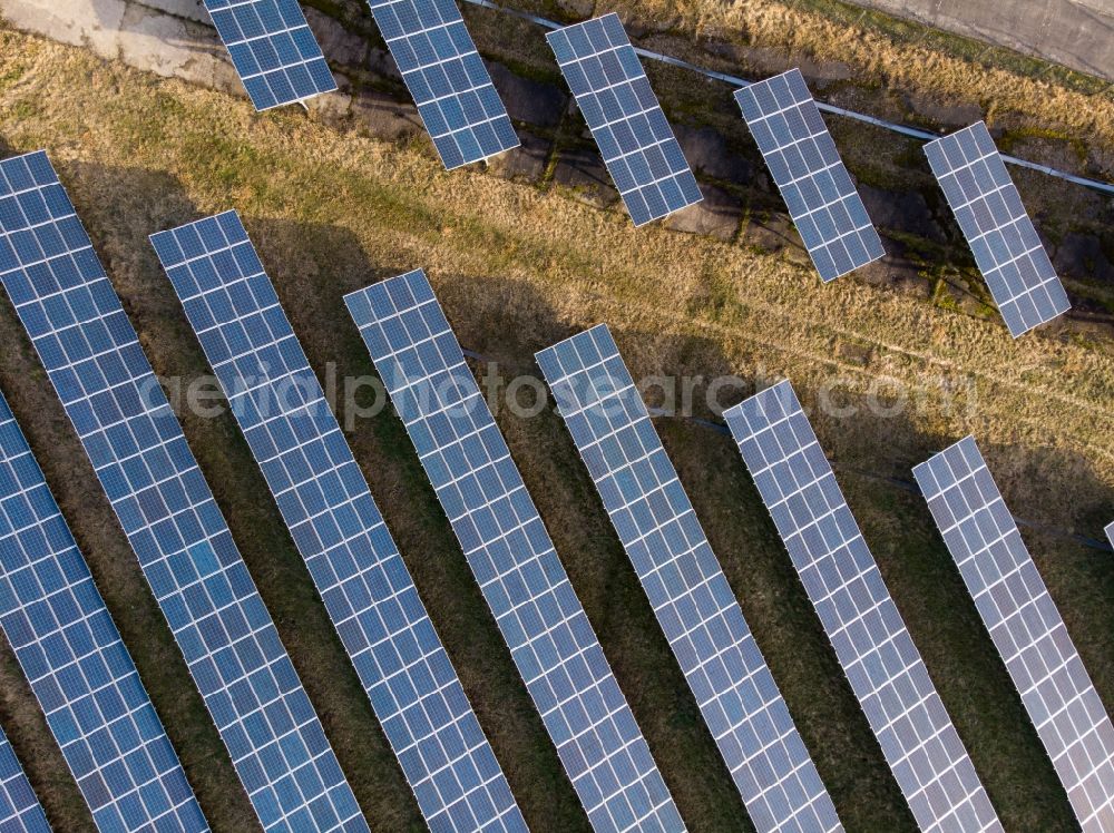 Vertical aerial photograph Britz - Vertical aerial view from the satellite perspective of the solar power plant and photovoltaic systems in Britz in the state Brandenburg, Germany