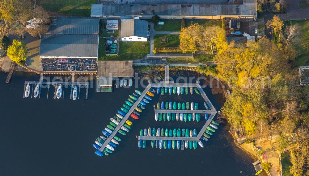 Vertical aerial photograph Duisburg - Vertical aerial view from the satellite perspective of the pleasure boat marina with docks and moorings on the shore area of Masurensee on street Masurenallee in the district Wedau in Duisburg at Ruhrgebiet in the state North Rhine-Westphalia, Germany