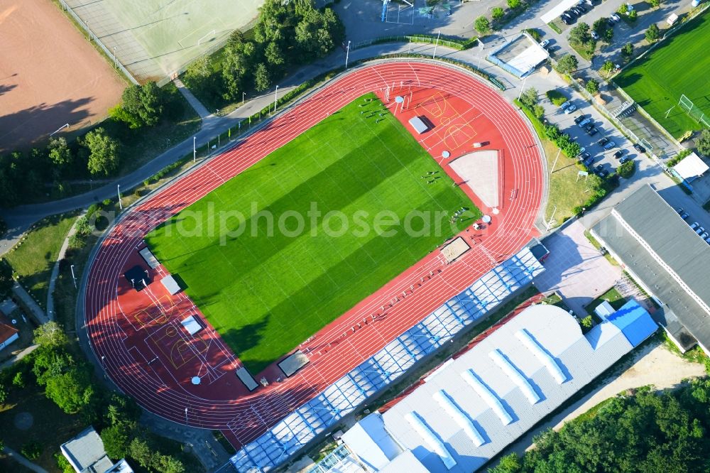 Vertical aerial photograph Rostock - Vertical aerial view from the satellite perspective of the Sports site area of the stadium of the 1. Leichtathletikverein Rostock e.V. in Rostock in the federal state Mecklenburg-West Pomerania, Germany