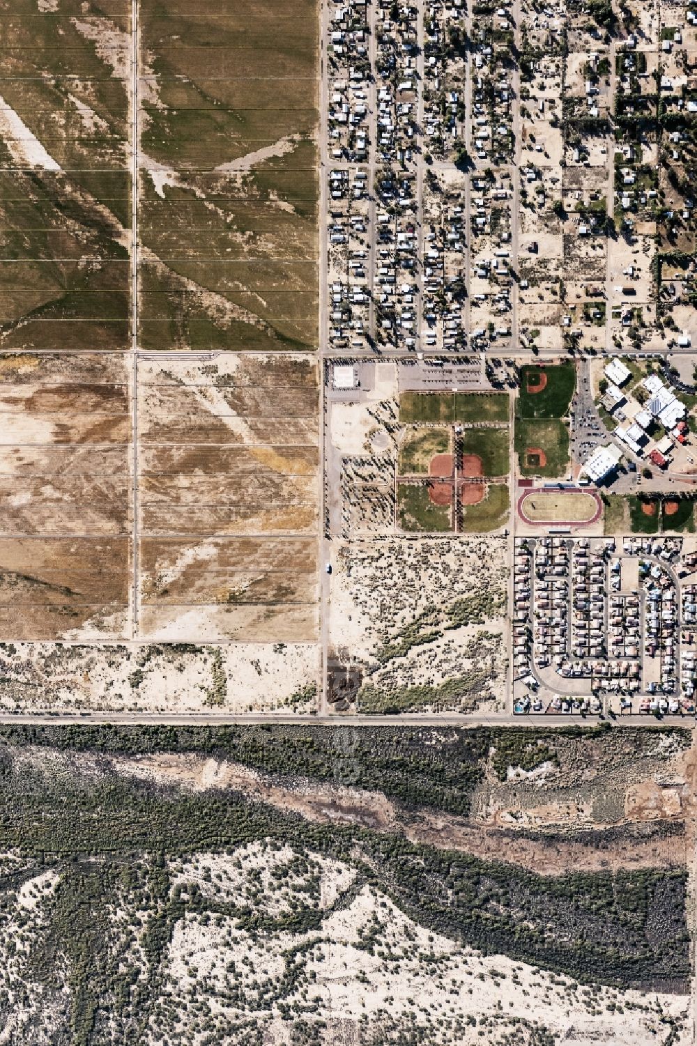 Vertical aerial photograph Mohave Valley - Vertical aerial view from the satellite perspective of the city view on down town in Mohave Valley in Arizona, United States of America