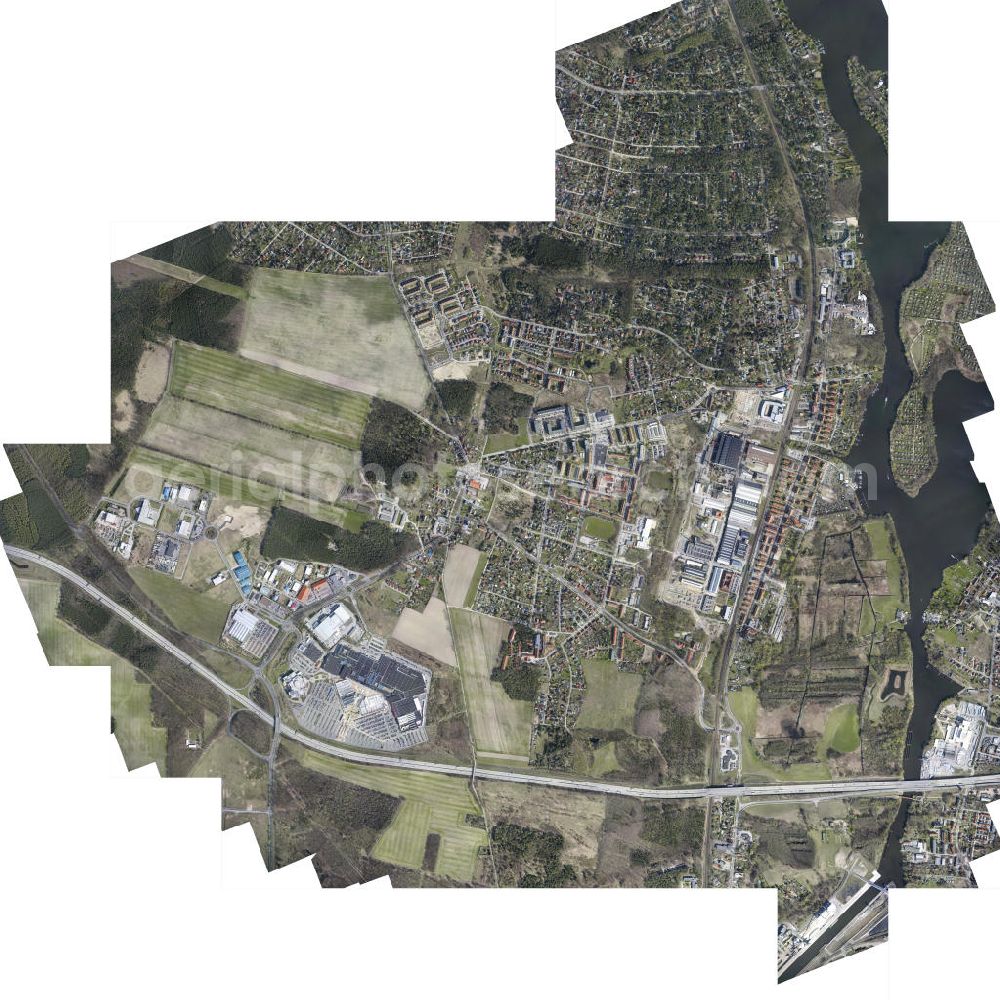 Vertical aerial photograph Wildau - Vertical aerial view from the satellite perspective of the city view on down town in Wildau in the state Brandenburg, Germany