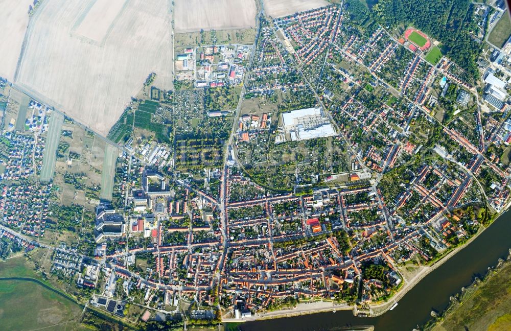 Vertical aerial photograph Tangermünde - Vertical aerial view from the satellite perspective of the City view on the river bank of the River Elbe in Tangermuende in the state Saxony-Anhalt, Germany