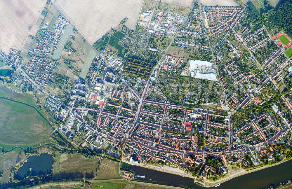 Vertical aerial photograph Tangermünde - Vertical aerial view from the satellite perspective of the City view on the river bank of the River Elbe in Tangermuende in the state Saxony-Anhalt, Germany