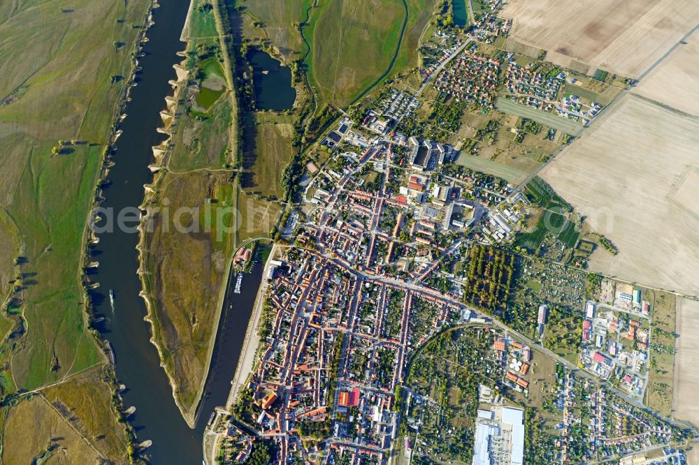 Vertical aerial photograph Tangermünde - Vertical aerial view from the satellite perspective of the City view on the river bank of the River Elbe in Tangermuende in the state Saxony-Anhalt, Germany