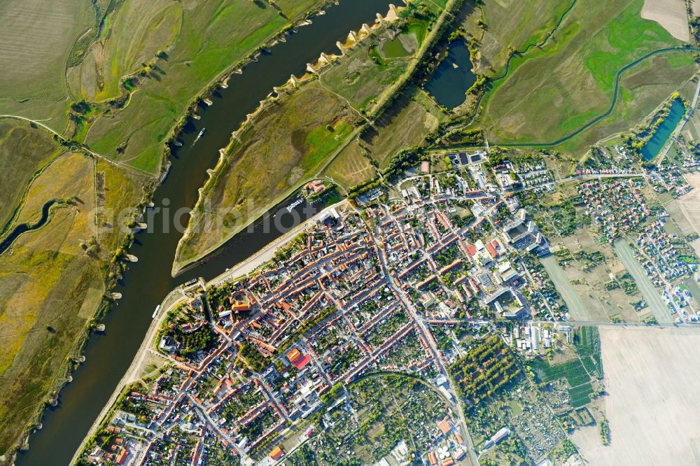 Vertical aerial photograph Tangermünde - Vertical aerial view from the satellite perspective of the City view on the river bank of the River Elbe in Tangermuende in the state Saxony-Anhalt, Germany