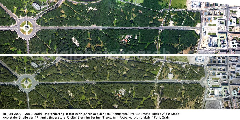 Vertical aerial photograph Berlin - BERLIN 2005 - 2009 Stadtbildveränderung in fast zehn jahren aus der Satellitenperspektive: Senkrecht- Blick auf das Stadtgebiet der Straße des 17. Juni , Siegessäule, Großer Stern im Berliner Tiergarten. Fotos: euroluftbild.de / Pohl, Grahn