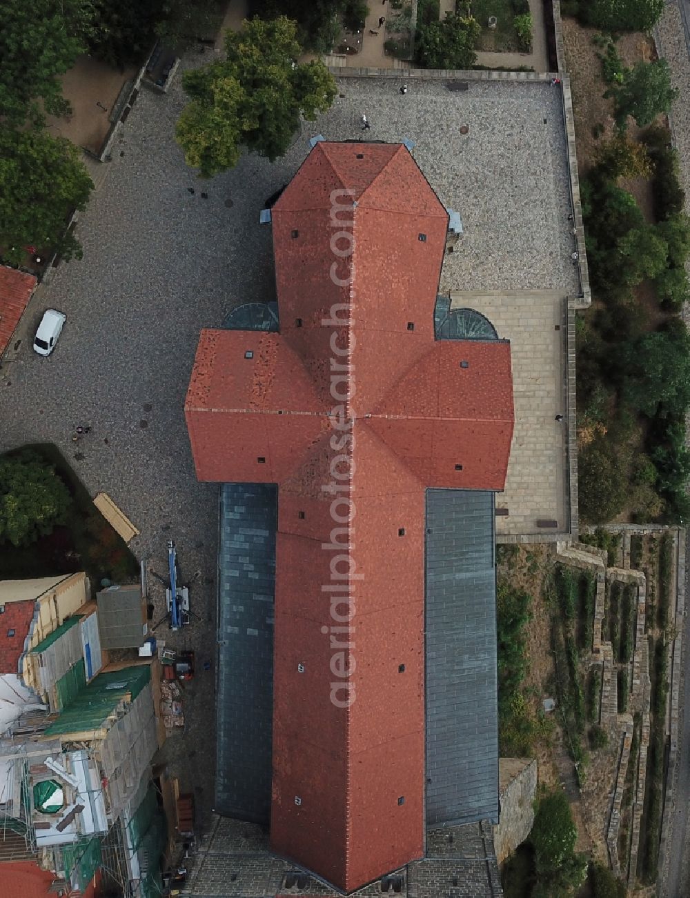 Vertical aerial photograph Quedlinburg - Vertical aerial view from the satellite perspective of the Collegiate Church St. Servatius and Castle Quedlinburg in Saxony-Anhalt. The place with its half-timbered houses as well as the castle with the historic church are part of the UNESCO world cultural heritage