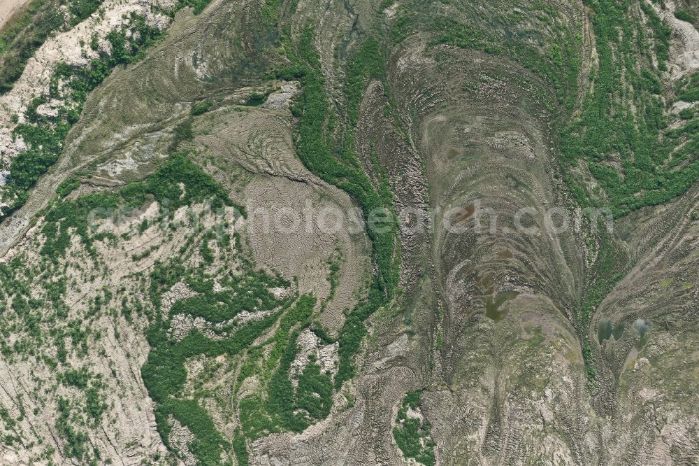 Vertical aerial photograph Bedburg - Vertical aerial view from the satellite perspective of the Structures on agricultural fields near the Peringsmaar in Bedburg in the state North Rhine-Westphalia, Germany