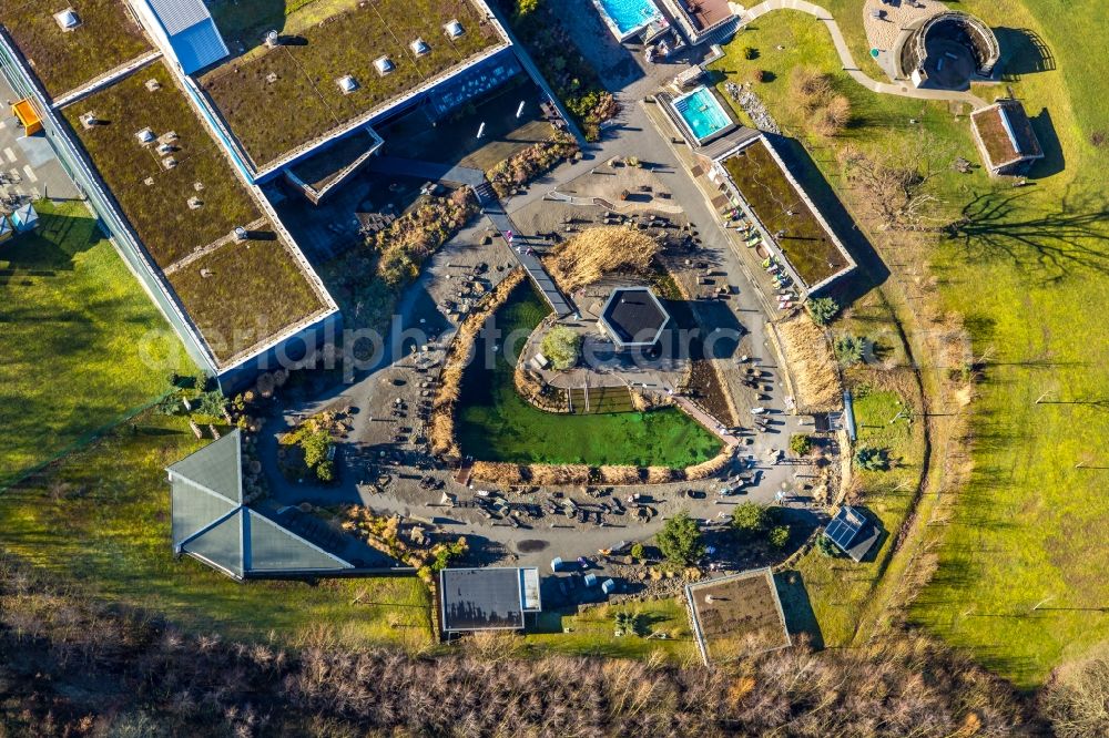 Vertical aerial photograph Hagen - Vertical aerial view from the satellite perspective of the spa and swimming pools at the swimming pool of the leisure facility WESTFALENBAD on Stadionstrasse in Hagen in the state North Rhine-Westphalia, Germany