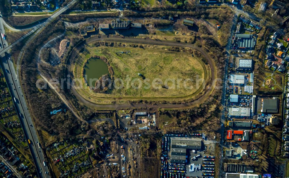 Vertical aerial photograph Recklinghausen - Vertical aerial view from the satellite perspective of the Development, demolition and renovation work on the site of the former racing track - harness racing track as part of the integrated district development concept (ISEK) Hillerheide in Recklinghausen at Ruhrgebiet in the state of North Rhine-Westphalia, Germany