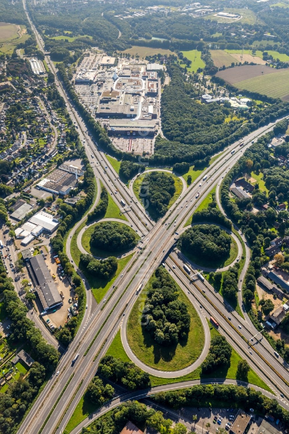 Vertical aerial photograph Bochum - Vertical aerial view from the satellite perspective of the Traffic flow at the intersection- motorway A 40 and the A43 in Bochum in the state North Rhine-Westphalia, Germany