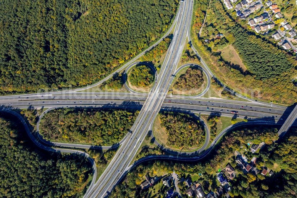 Vertical aerial photograph Schwerte - Vertical aerial view from the satellite perspective of the Traffic flow at the intersection- motorway A 1 and of A 45 in Schwerte in the state North Rhine-Westphalia, Germany