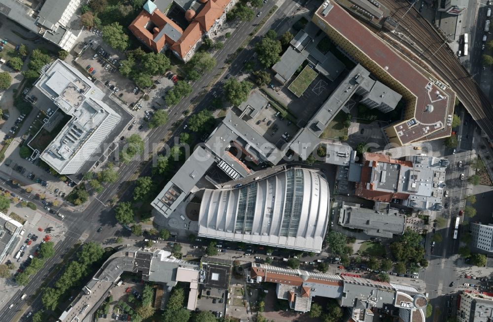 Vertical aerial photograph Berlin - The Ludwig-Erhard House ( colloquially known as Armadillo ) is the seat of the Berlin Stock Exchange and the Chamber of Commerce and Industry (CCI). The building was built between 1994 and 1997 be designs by Nicholas Grimshaw and Partners. It is located in the Charlottenburg district of Berlin. deutsche-boerse.com /