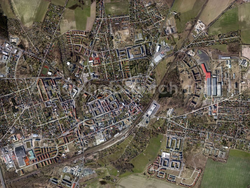 Vertical aerial photograph Bernau - Vertical aerial photo of the city of Bernau in Brandenburg. In the centre of the frame the historic town centre is clearly visible. Many of the old buildings were replaced in the 1980´s by newly constructed prefabricated buildings