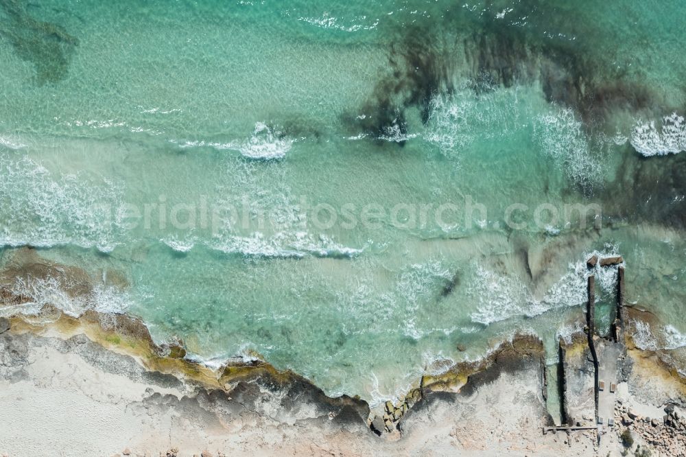 Vertical aerial photograph Llucmajor - Vertical aerial view from the satellite perspective of the Water surface at the seaside of mediteran sea in Llucmajor, beach es Trenc in Balearic Islands, Spain