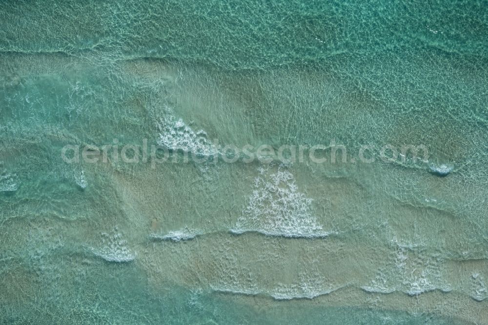 Vertical aerial photograph Llucmajor - Vertical aerial view from the satellite perspective of the Water surface at the seaside of mediteran sea in Llucmajor, beach es Trenc in Balearic Islands, Spain