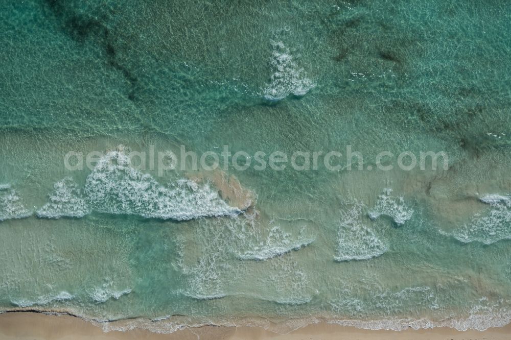 Vertical aerial photograph Llucmajor - Vertical aerial view from the satellite perspective of the Water surface at the seaside of mediteran sea in Llucmajor, beach es Trenc in Balearic Islands, Spain