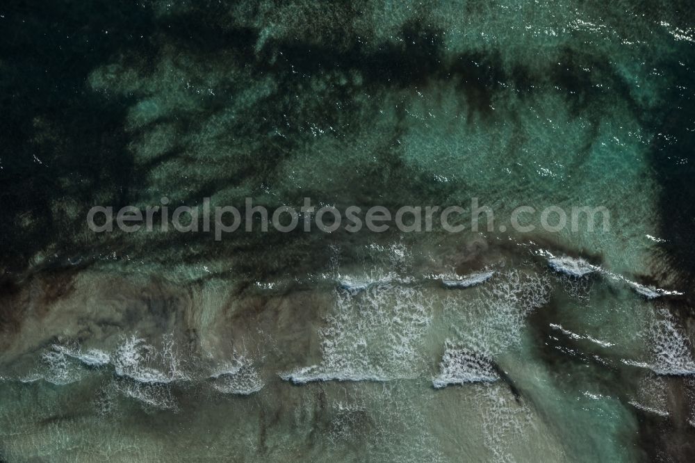 Vertical aerial photograph Llucmajor - Vertical aerial view from the satellite perspective of the Water surface at the seaside of mediteran sea in Llucmajor, beach es Trenc in Balearic Islands, Spain