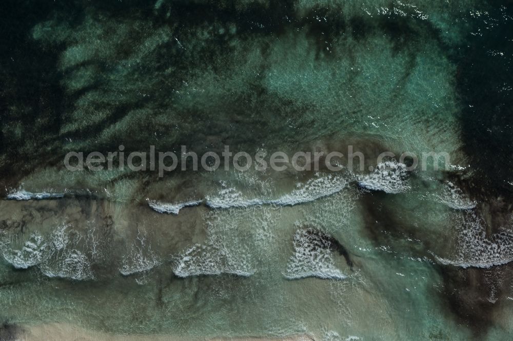 Vertical aerial photograph Llucmajor - Vertical aerial view from the satellite perspective of the Water surface at the seaside of mediteran sea in Llucmajor, beach es Trenc in Balearic Islands, Spain