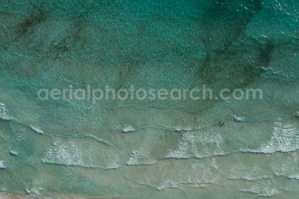 Vertical aerial photograph Llucmajor - Vertical aerial view from the satellite perspective of the Water surface at the seaside of mediteran sea in Llucmajor, beach es Trenc in Balearic Islands, Spain