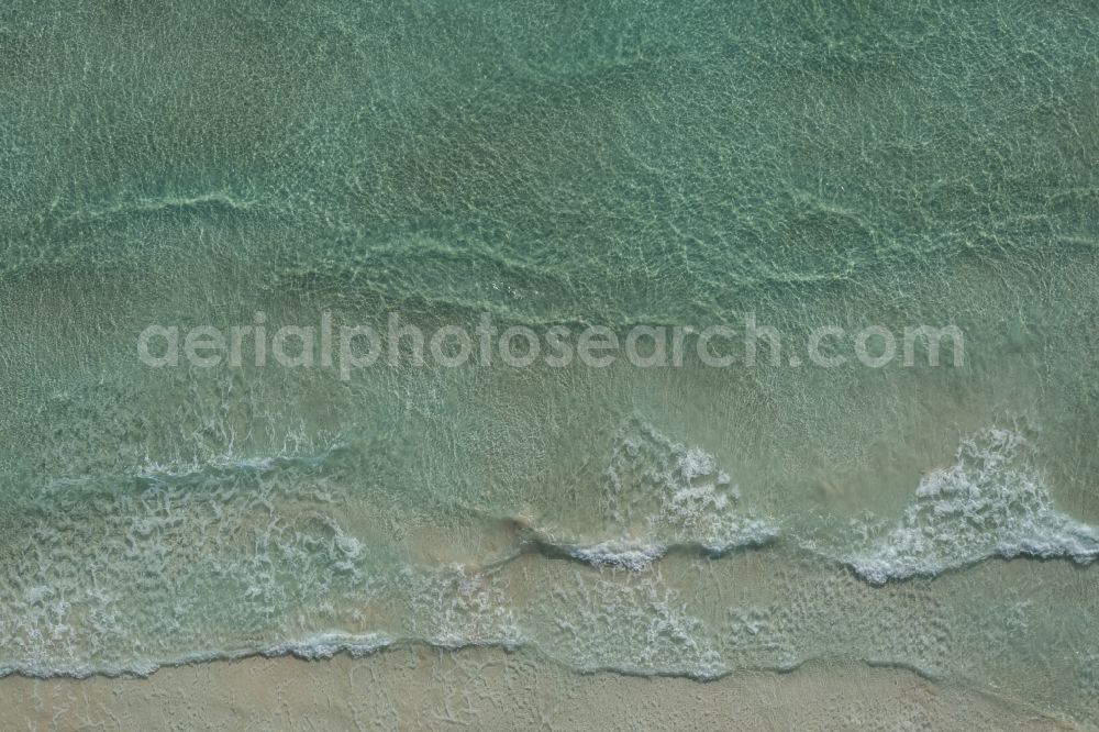 Vertical aerial photograph Llucmajor - Vertical aerial view from the satellite perspective of the Water surface at the seaside of mediteran sea in Llucmajor, beach es Trenc in Balearic Islands, Spain