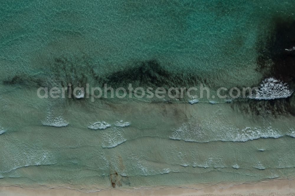 Vertical aerial photograph Llucmajor - Vertical aerial view from the satellite perspective of the Water surface at the seaside of mediteran sea in Llucmajor, beach es Trenc in Balearic Islands, Spain