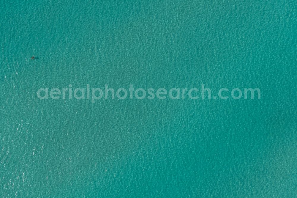 Vertical aerial photograph Llucmajo - Vertical aerial view from the satellite perspective of the Water surface at the seaside of mediteran sea in Llucmajor, beach es Trenc, man in the water, in Balearic Islands, Spain