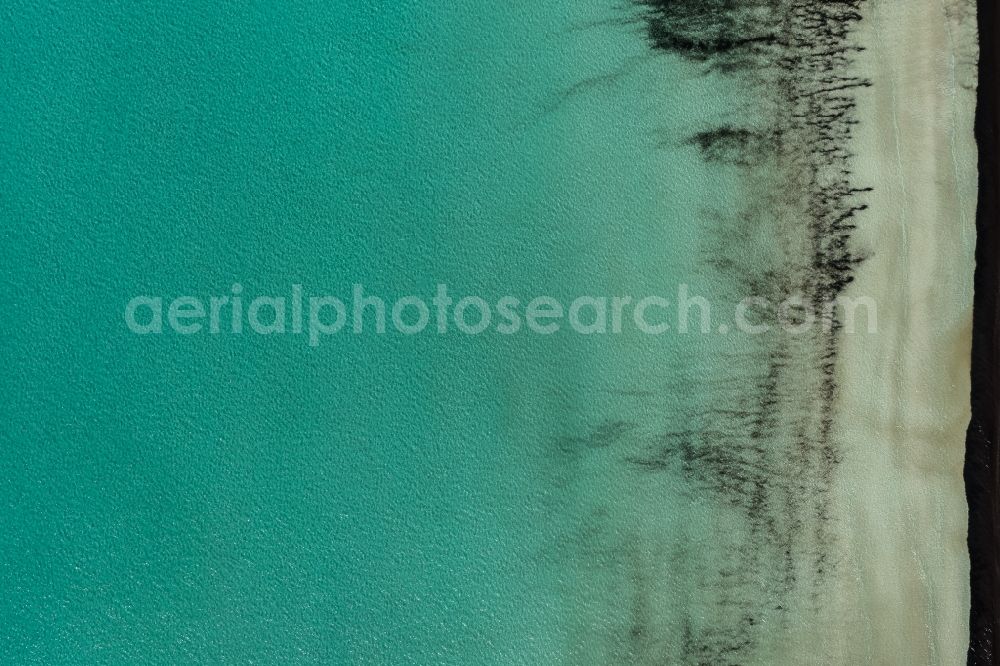 Vertical aerial photograph Campos - Vertical aerial view from the satellite perspective of the Water surface at the seaside of mediteran sea in Llucmajor, beach es Trenc, in Balearic Islands, Spain