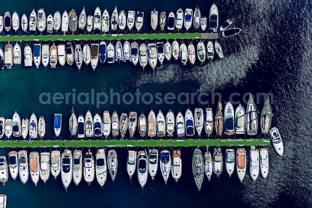 Vertical aerial photograph Andratx - Vertical aerial view from the satellite perspective of the Vertical aerial view from the satellite perspective of the Pleasure boat marina on the shore area of Port Andratx in Balearic Islands, Spain